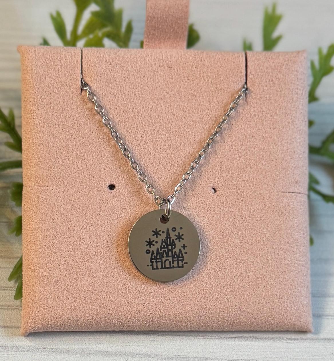 Magical Castle Engraved Stainless Steel Necklace, Silver or Gold Laser Engraved Necklace, Magic Kingdom Inspired, Personalized Jewelry