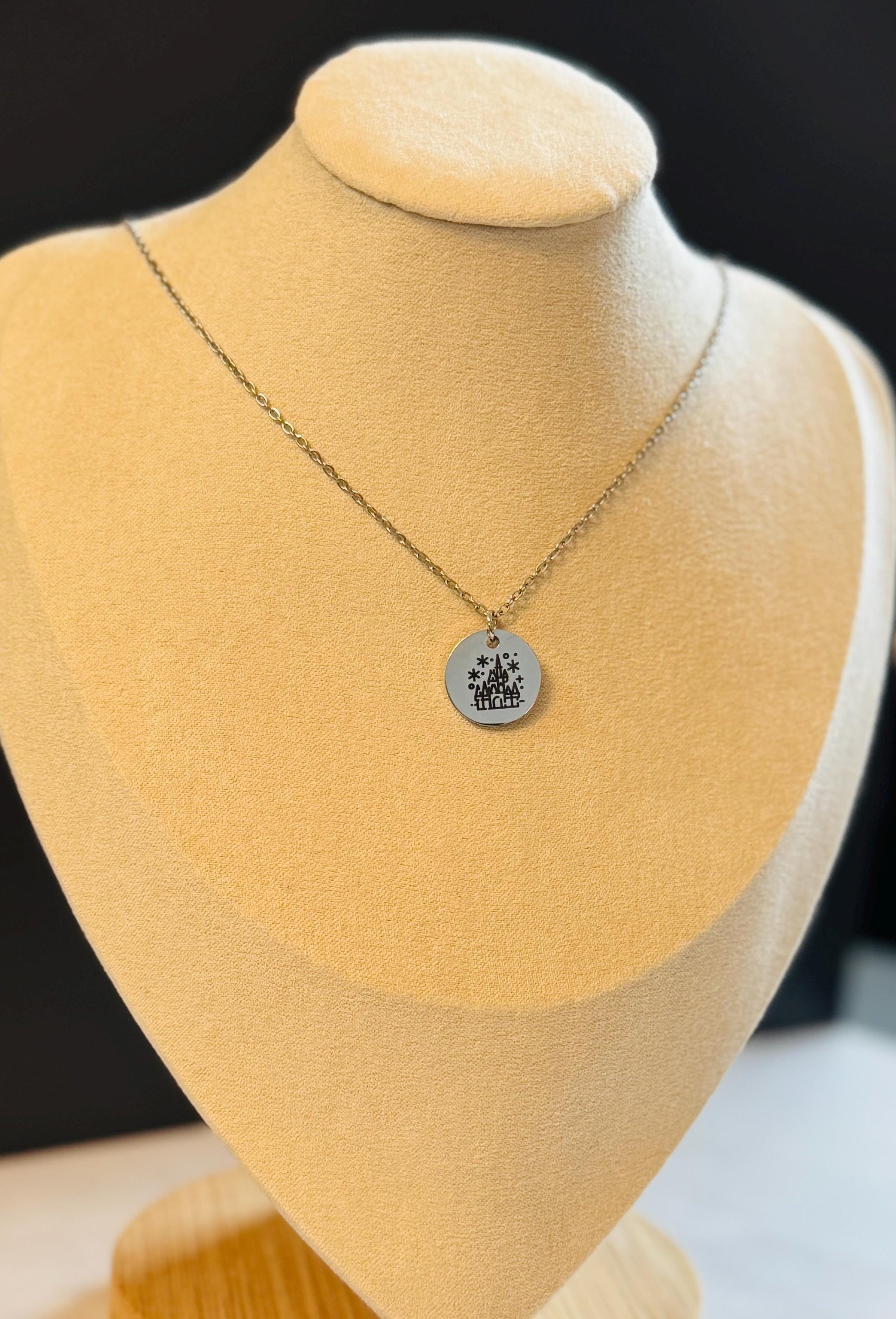 Magical Castle Engraved Stainless Steel Necklace, Silver or Gold Laser Engraved Necklace, Magic Kingdom Inspired, Personalized Jewelry