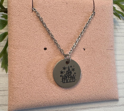 Magical Castle Engraved Stainless Steel Necklace, Silver or Gold Laser Engraved Necklace, Magic Kingdom Inspired, Personalized Jewelry