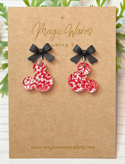 Black Bow and Red Lace Mouse Head Laser cut Dangle Earrings, Red Lace Patterned Crystal Acrylic, Valentines Day Earrings