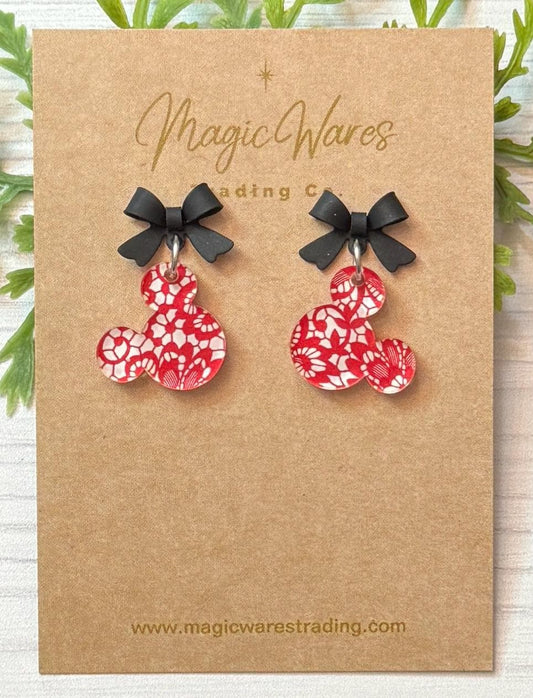 Black Bow and Red Lace Mouse Head Laser cut Dangle Earrings, Red Lace Patterned Crystal Acrylic, Valentines Day Earrings