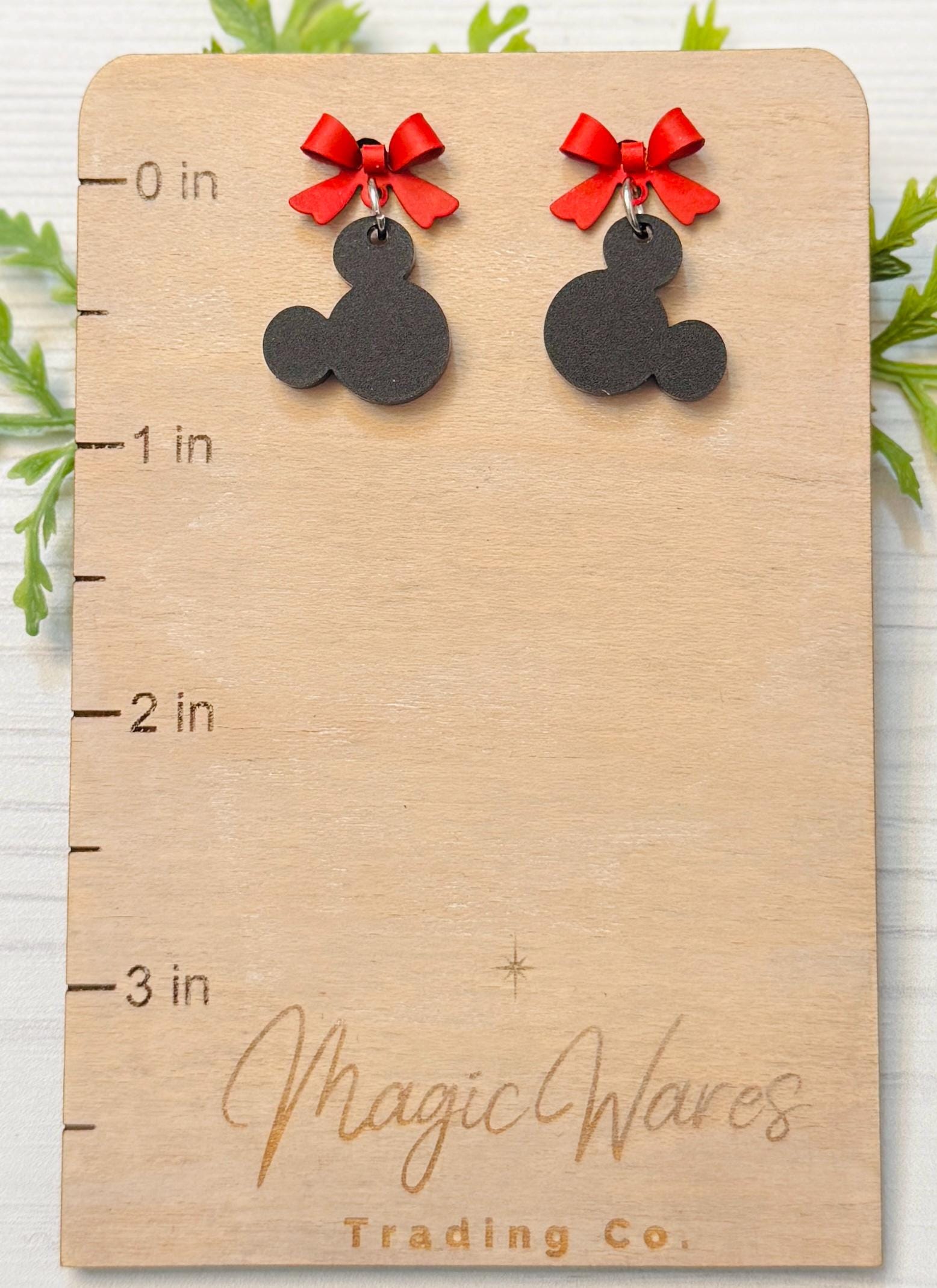 Kelly Green Bow with Black Mouse Head Dangle Earrings, Laser Cut Acrylic and Stainless Steel Stud Earrings, Minnie inspired earrings
