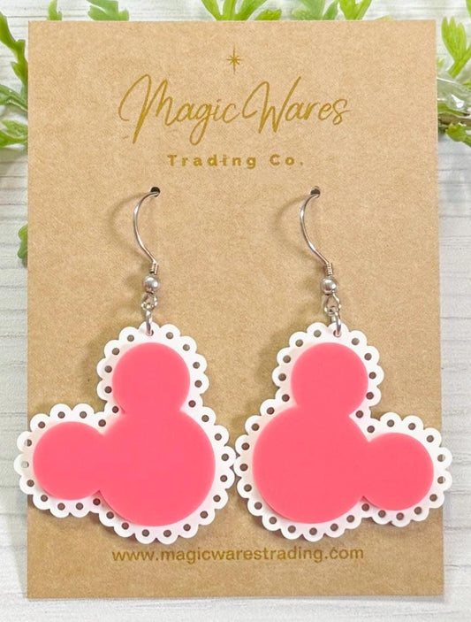 Pink Valentine Mouse head Dangle, Laser cut Pink Acrylic Dangle Earrings, Scalloped Valentine Earrings, Valentines Day earrings