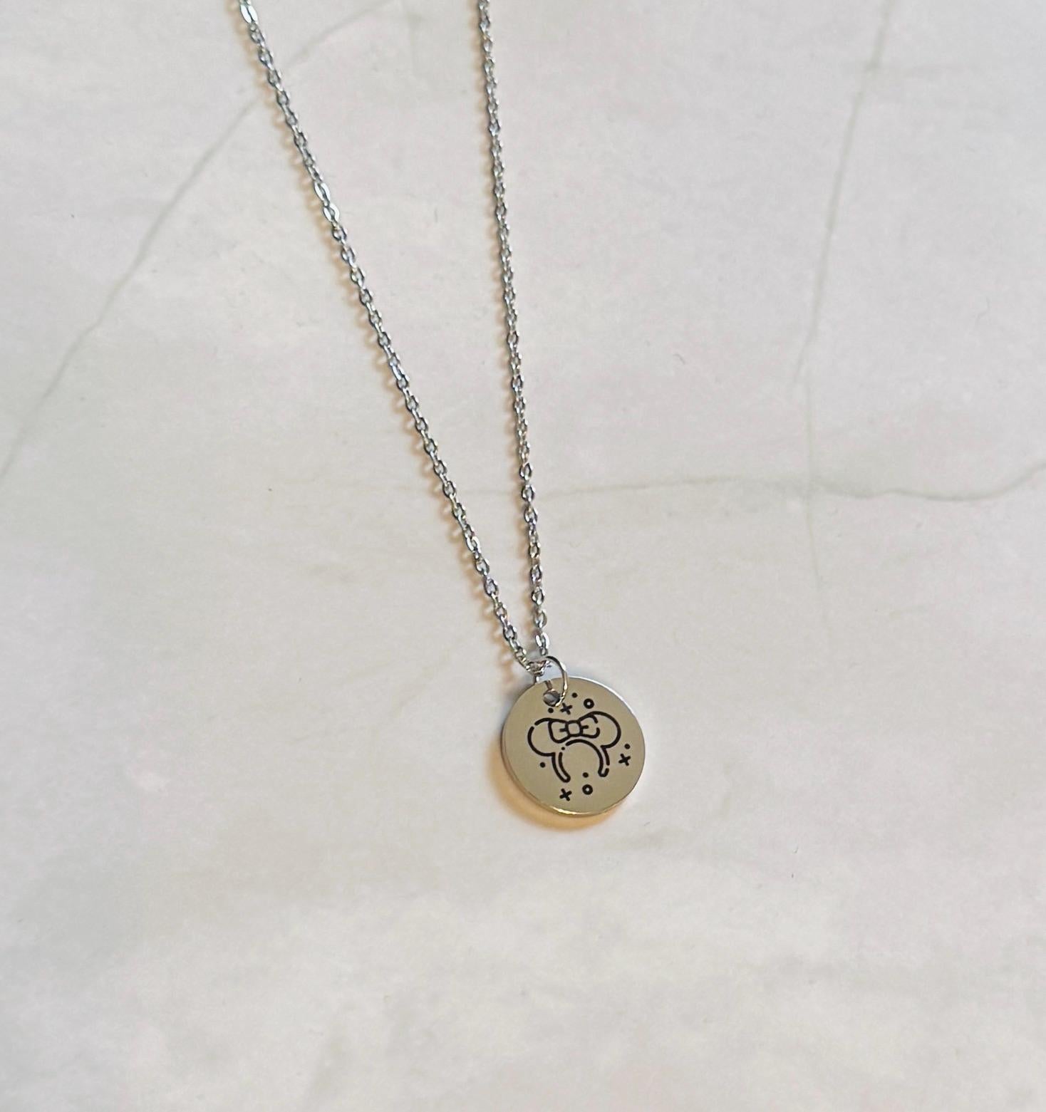 Minnie Ears Engraved Stainless Steel Necklace, Silver or Gold Laser Engraved Necklace, Magic Kingdom Inspired, Personalized Jewelry