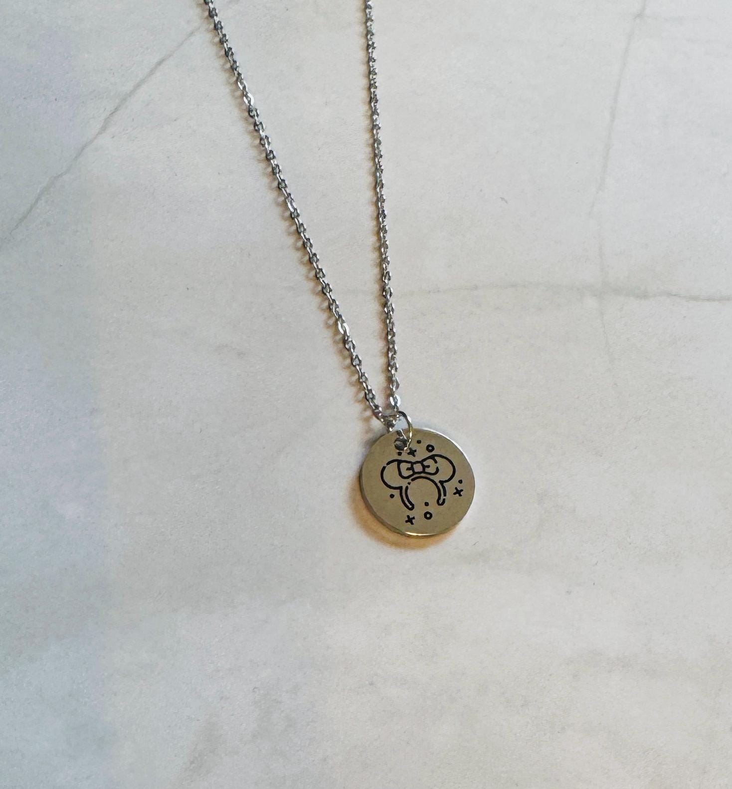 Minnie Ears Engraved Stainless Steel Necklace, Silver or Gold Laser Engraved Necklace, Magic Kingdom Inspired, Personalized Jewelry