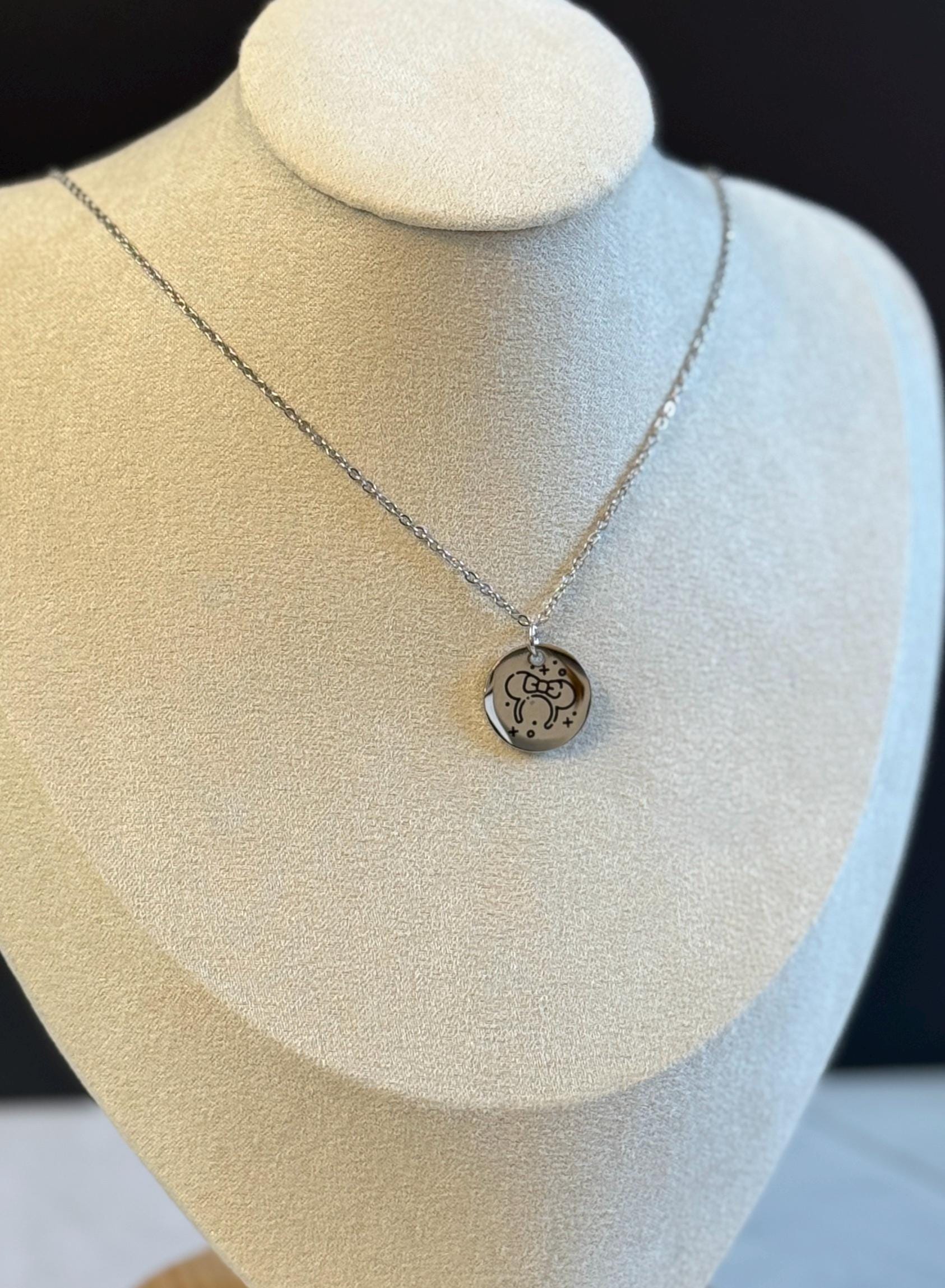 Minnie Ears Engraved Stainless Steel Necklace, Silver or Gold Laser Engraved Necklace, Magic Kingdom Inspired, Personalized Jewelry