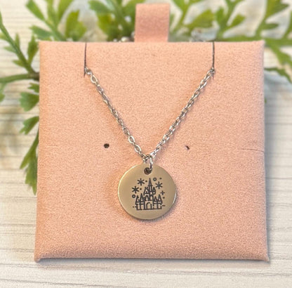Magical Castle Engraved Stainless Steel Necklace, Silver or Gold Laser Engraved Necklace, Magic Kingdom Inspired, Personalized Jewelry