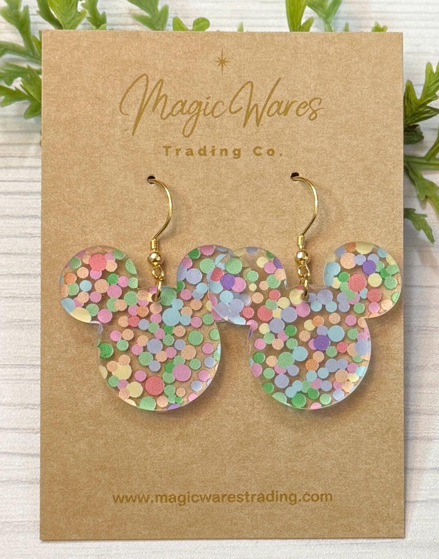 Pastel Rainbow Dots Mouse, Laser cut Dangle Earrings, Pastel Dots Patterned Crystal Acrylic Earrings, Handmade earrings, Easter Earrings