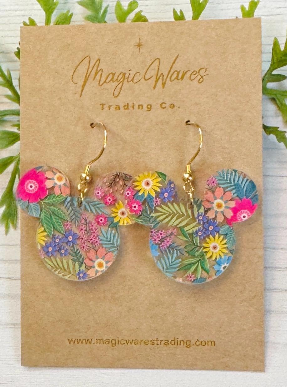 Flower and Garden Mouse Dangle Earrings, Bright Floral Pattern Acrylic, Spring Floral lightweight dangle earrings, Magical Earrings