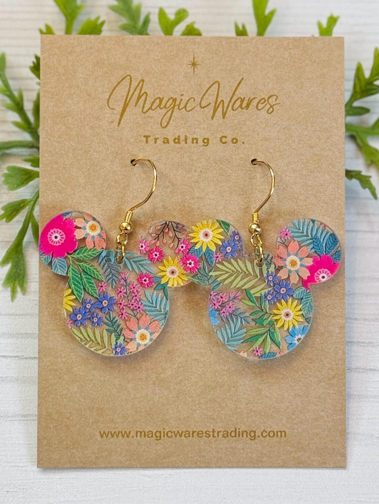 Flower and Garden Mouse Dangle Earrings, Bright Floral Pattern Acrylic, Spring Floral lightweight dangle earrings, Magical Earrings