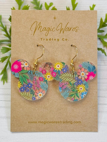 Flower and Garden Mouse Dangle Earrings, Bright Floral Pattern Acrylic, Spring Floral lightweight dangle earrings, Magical Earrings