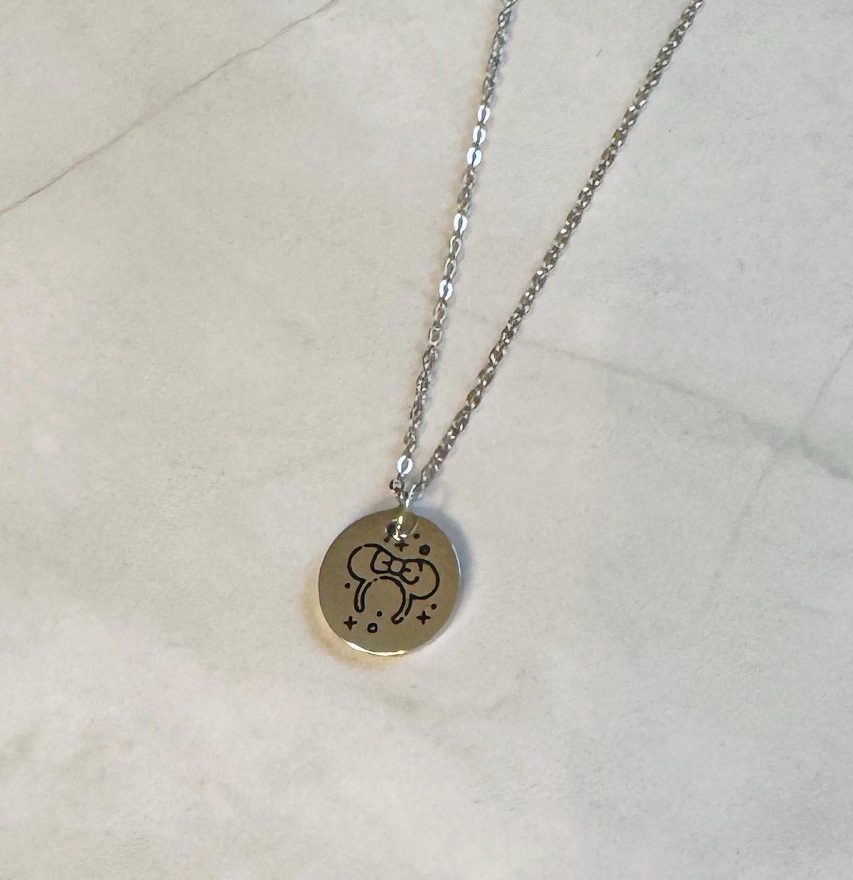 Minnie Ears Engraved Stainless Steel Necklace, Silver or Gold Laser Engraved Necklace, Magic Kingdom Inspired, Personalized Jewelry
