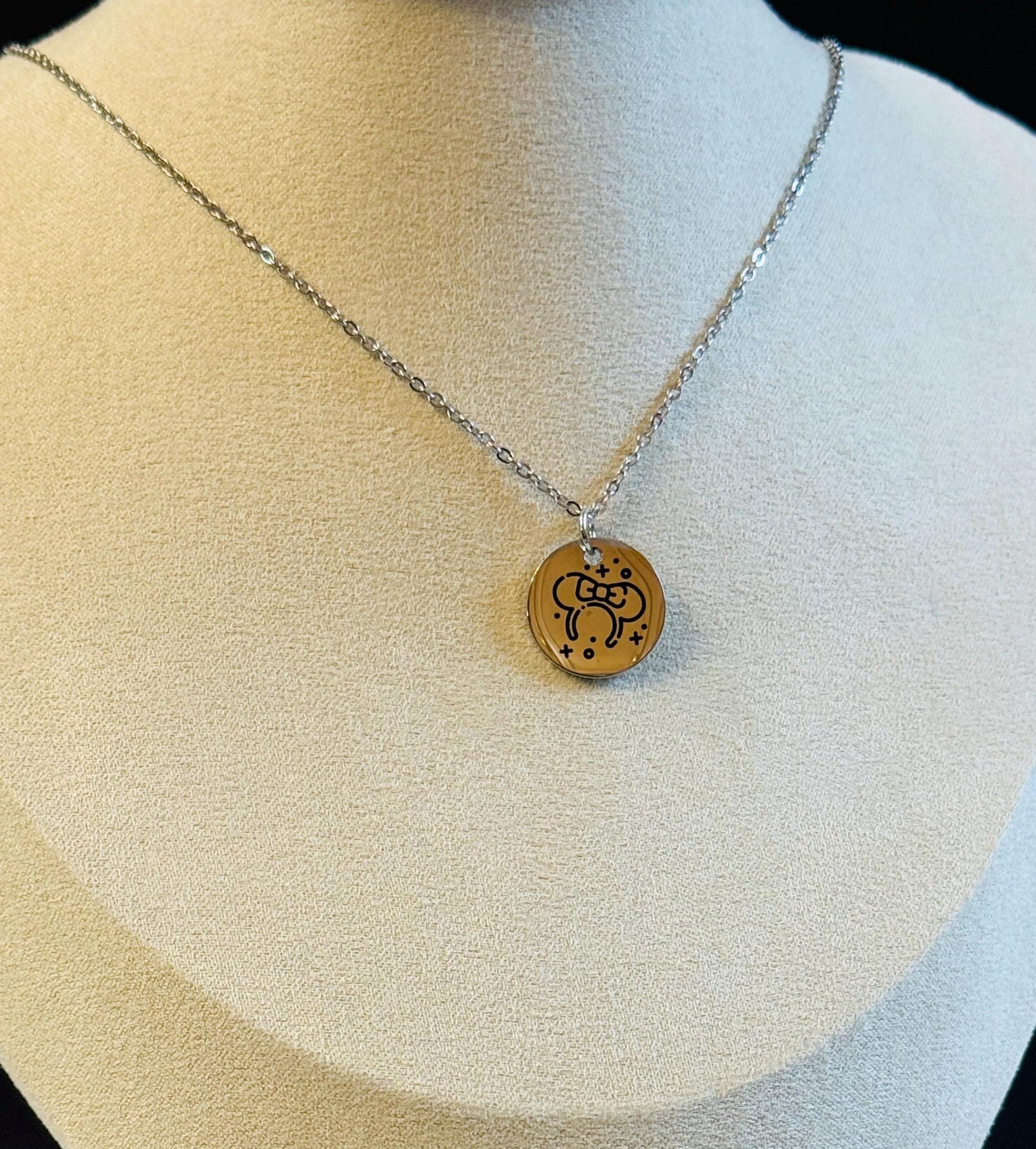 Minnie Ears Engraved Stainless Steel Necklace, Silver or Gold Laser Engraved Necklace, Magic Kingdom Inspired, Personalized Jewelry