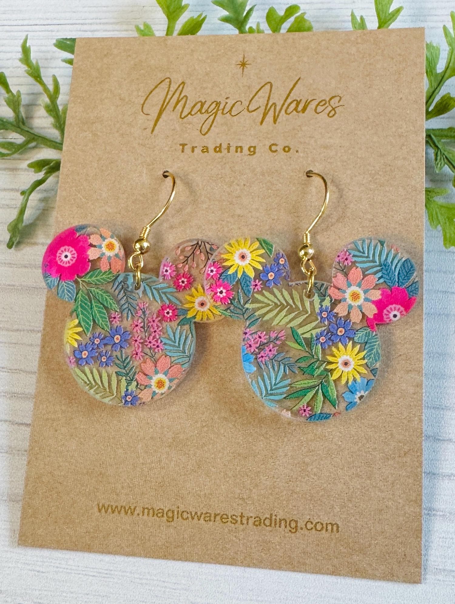 Flower and Garden Mouse Dangle Earrings, Bright Floral Pattern Acrylic, Spring Floral lightweight dangle earrings, Magical Earrings