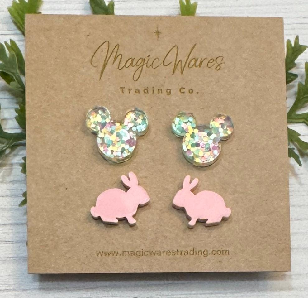 Bunny and Pastel Glitter Stud Earring Combo, Laser cut Pink Acrylic Bunny and Easter Glitter Mouse head shaped Acrylic Post Earrings