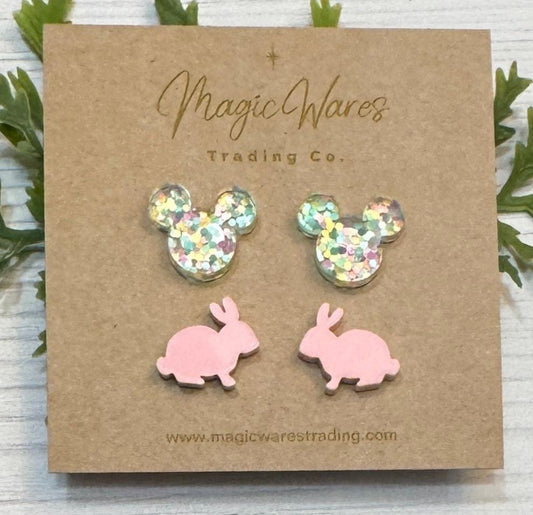 Bunny and Pastel Glitter Stud Earring Combo, Laser cut Pink Acrylic Bunny and Easter Glitter Mouse head shaped Acrylic Post Earrings