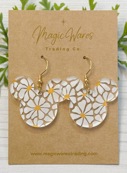 Wavy Daisy Mouse Dangle Earrings, Daisy Floral Pattern Acrylic, Spring Floral lightweight dangle earrings, Magical Earrings