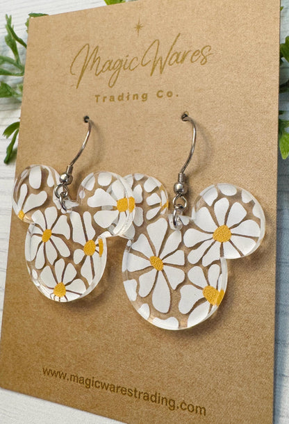 Wavy Daisy Mouse Dangle Earrings, Daisy Floral Pattern Acrylic, Spring Floral lightweight dangle earrings, Magical Earrings