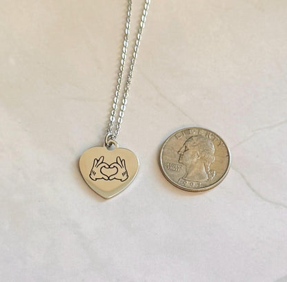 Heart Mickey Hands Engraved Stainless Steel Necklace, Silver or Gold Laser Engraved Necklace, Gift for Mom, Mothers Day Gift