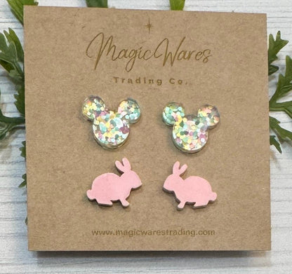 Bunny and Pastel Glitter Stud Earring Combo, Laser cut Pink Acrylic Bunny and Easter Glitter Mouse head shaped Acrylic Post Earrings