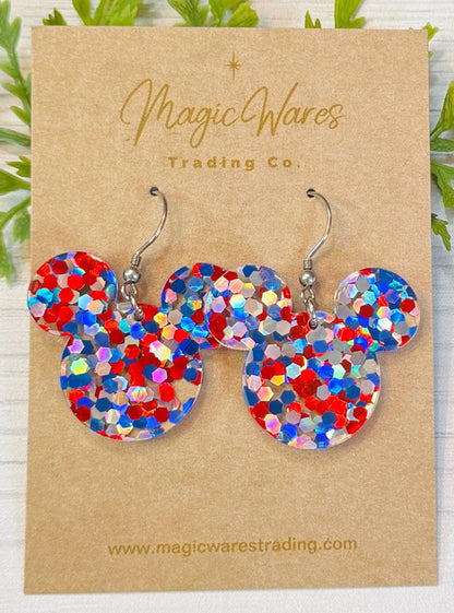 Patriotic Glitter Mouse Laser Cut Chunky Glitter Acrylic Earrings, Dangle Earrings, 4th of July earrings, Red White and Blue Earrings