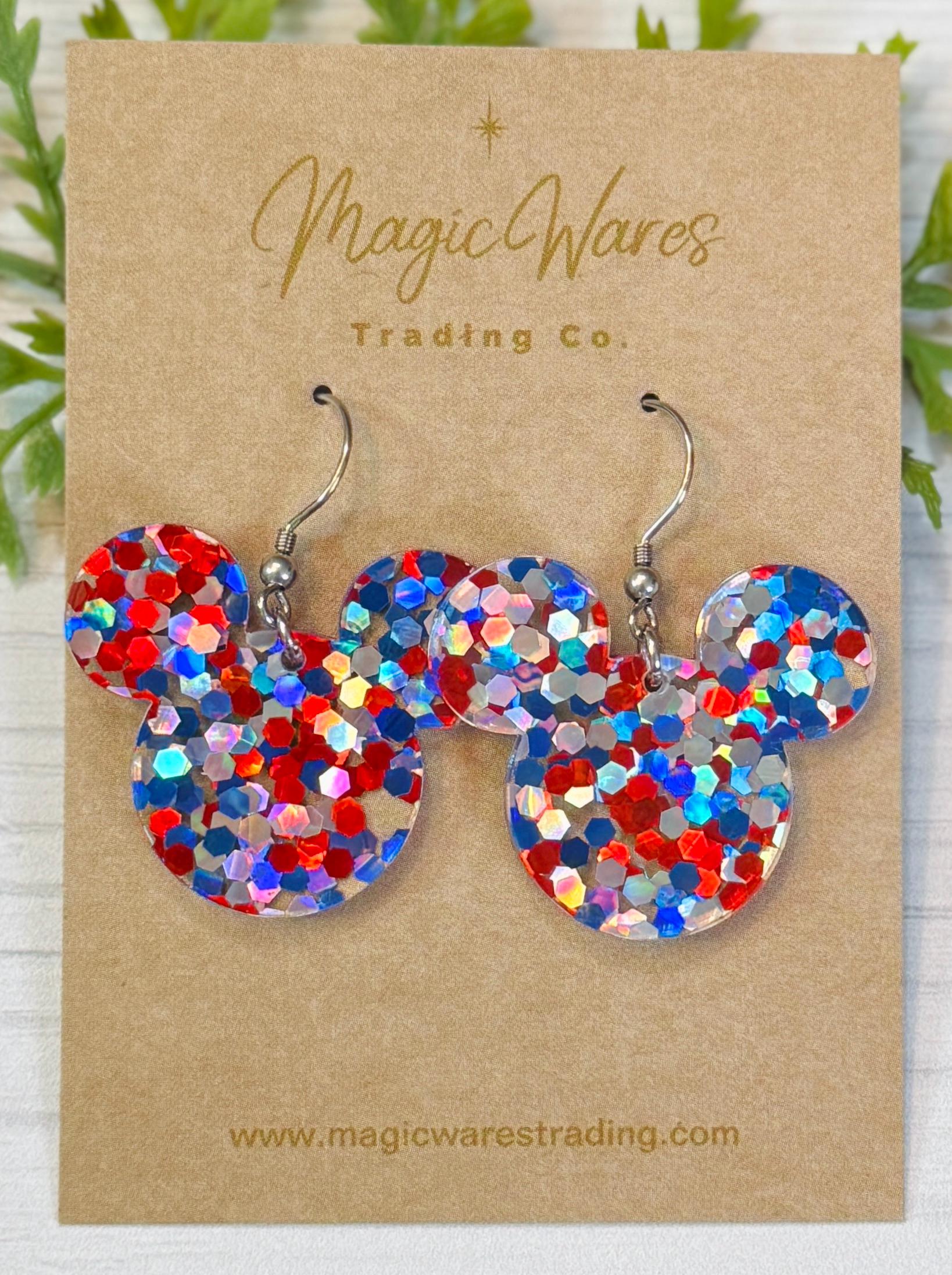 Patriotic Glitter Mouse Laser Cut Chunky Glitter Acrylic Earrings, Dangle Earrings, 4th of July earrings, Red White and Blue Earrings