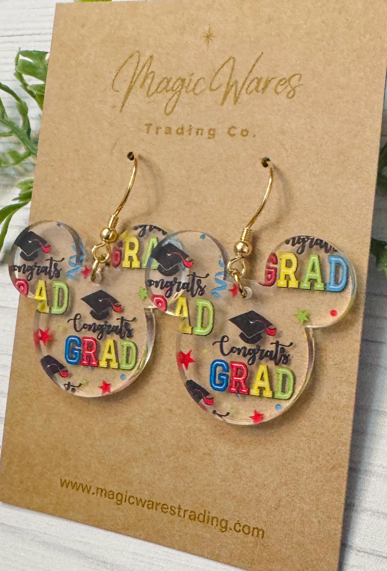 Congrats Grad Mouse head Dangle Earrings, Graduation patterned Crystal Acrylic Earrings, Gift for Graduate Class of 2025 Graduation Earrings