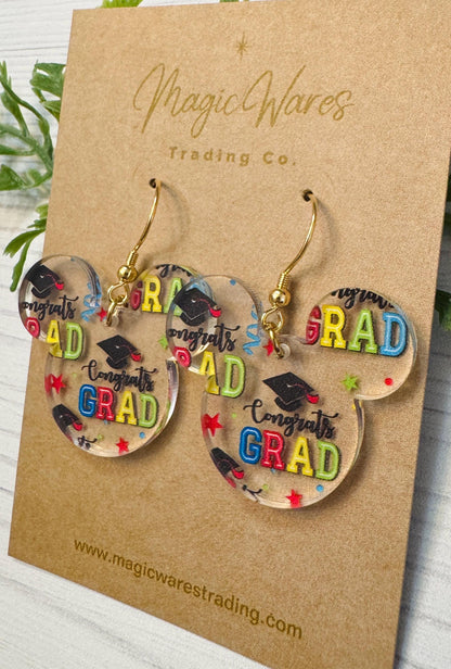 Congrats Grad Mouse head Dangle Earrings, Graduation patterned Crystal Acrylic Earrings, Gift for Graduate Class of 2025 Graduation Earrings