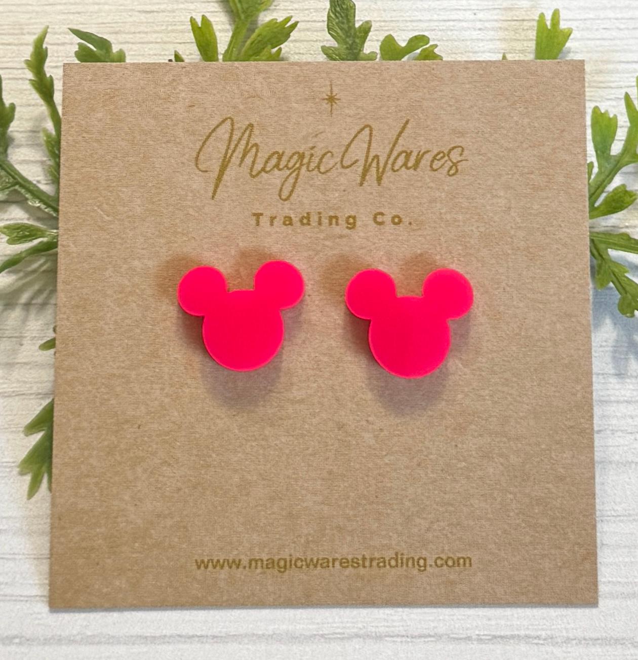 Hot Pink Mouse Stud, Laser cut acrylic post earrings, Surgical Stainless Steel Post earrings, Clip on earrings, Gifts for Mom