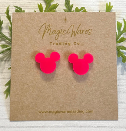 Hot Pink Mouse Stud, Laser cut acrylic post earrings, Surgical Stainless Steel Post earrings, Clip on earrings, Gifts for Mom