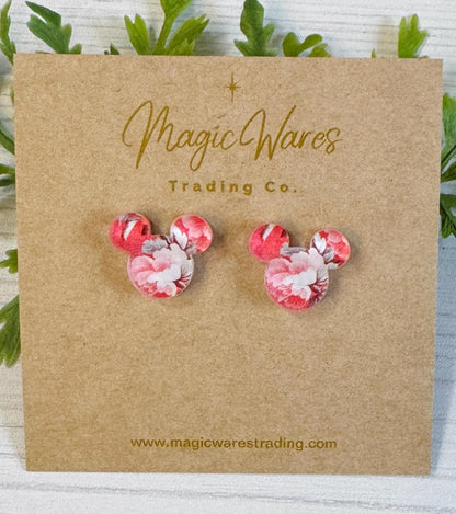 Pink Roses Mouse Stud, Laser cut Acrylic Earrings Pierced earlobe, Surgical Stainless Steel earrings, Clip on Earrings, Gift for Mothers Day