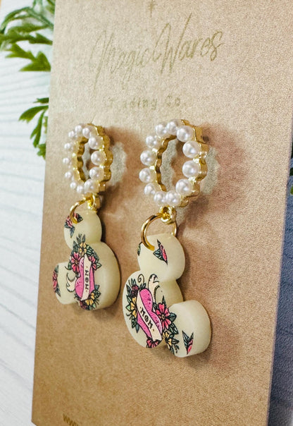 Mom Tattoo Mouse Head Pearl Stud Earrings, Laser Cut Pattern Ivory Acrylic, Pearl Sterling Silver Stud Earrings, Mothers Day Earrings