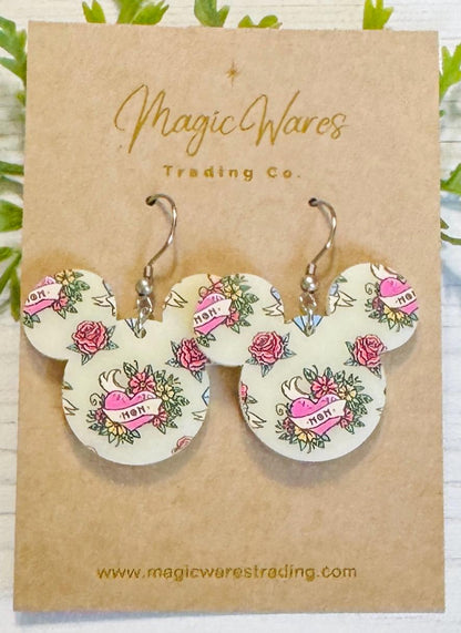 Mom Tattoo Mouse Head shaped Acrylic Earrings, 3 styles of Mothers Day Earrings, Mom Heart Tattoo pattern on Ivory Acrylic, Gifts for Mom