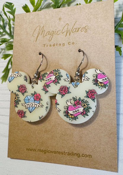 Mom Tattoo Mouse Head shaped Acrylic Earrings, 3 styles of Mothers Day Earrings, Mom Heart Tattoo pattern on Ivory Acrylic, Gifts for Mom