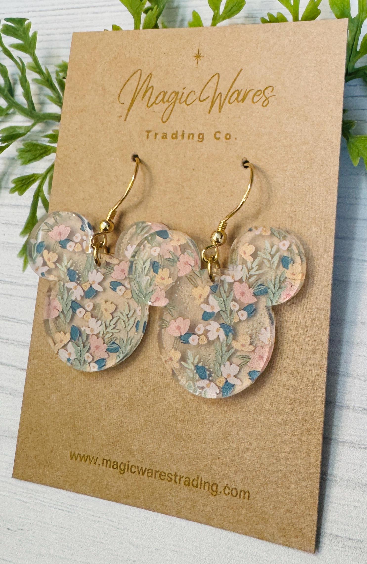 Sweetest Floral Mouse Dangle Earrings, Floral patterned Crystal Acrylic Earrings, Spring Earrings, Gifts for Mom, Flower earrings for spring