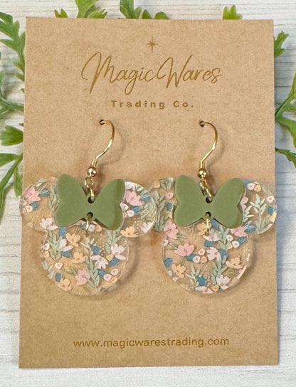 Sweetest Floral Minnie Earrings, Pink or Green Bow Laser cut Crystal acrylic with Floral Pattern, Flower and Garden earrings, Mothers Day