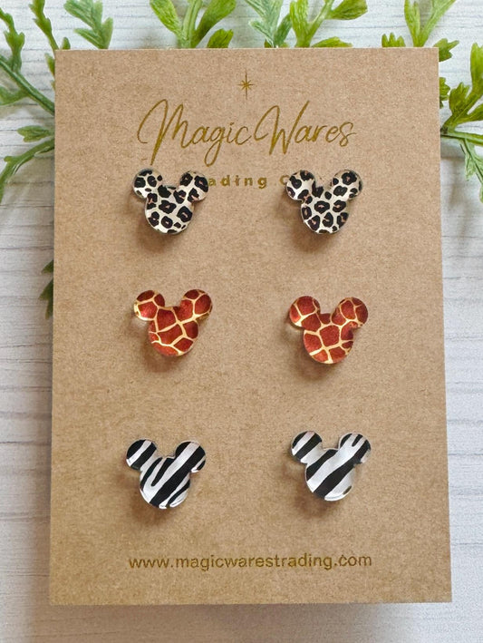 Animal Kingdom Mouse Stud Trio, Small stud Earrings Animal Print Laser Cut Crystal Acrylic, Lightweight Hypoallergenic Post Earrings