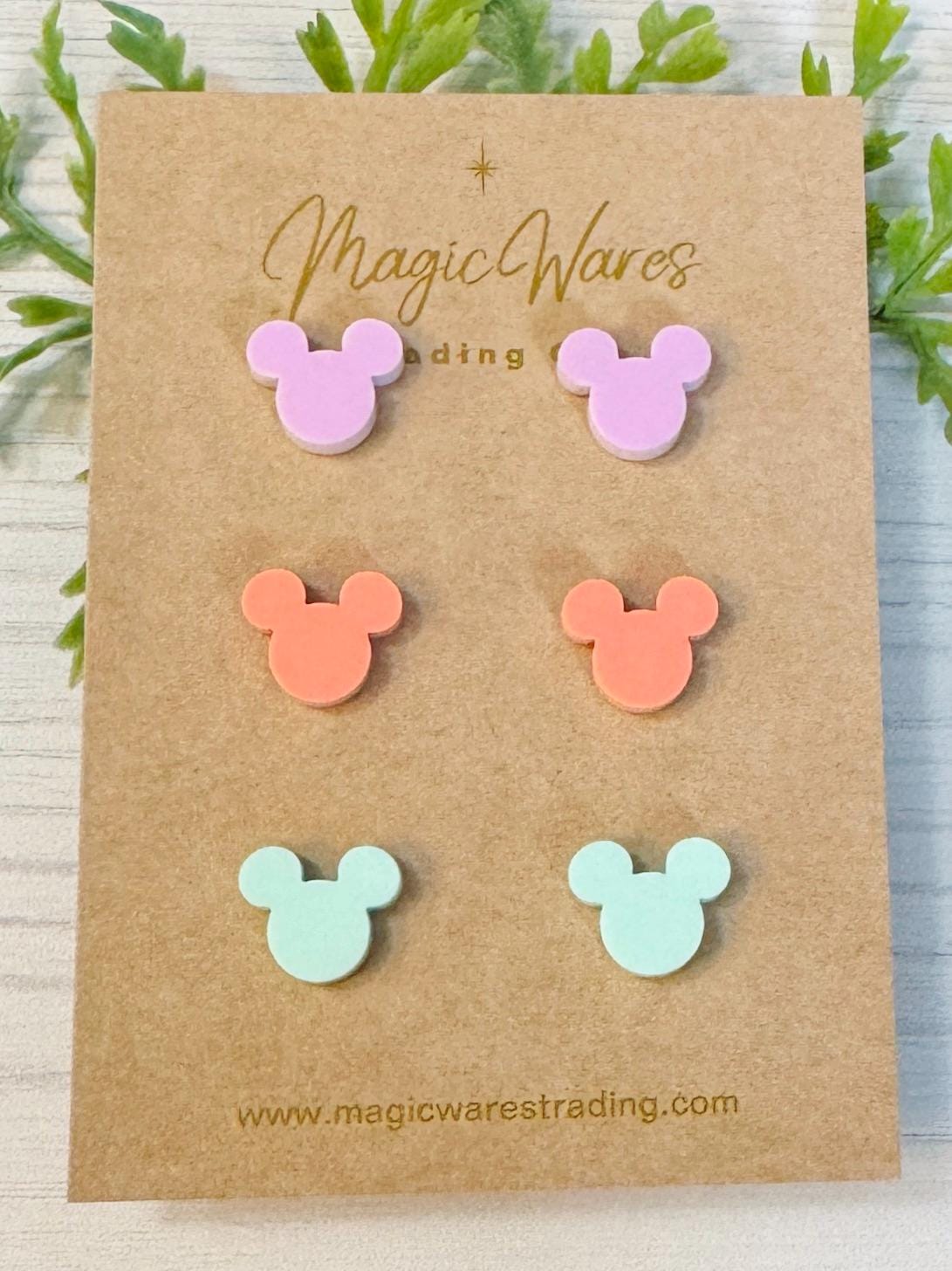Imagination Pastels Stud Trio, Small mouse head Earrings Laser Cut Pastel Acrylic, Hypoallergenic Post Earrings, Figment inspired Earrings