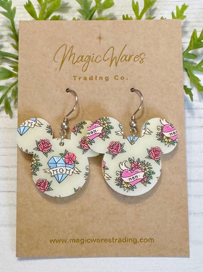 Mom Tattoo Mouse Head shaped Acrylic Earrings, 3 styles of Mothers Day Earrings, Mom Heart Tattoo pattern on Ivory Acrylic, Gifts for Mom
