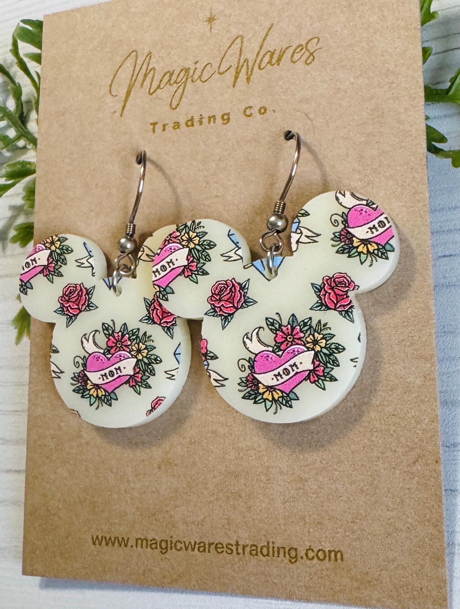 Mom Tattoo Mouse Head shaped Acrylic Earrings, 3 styles of Mothers Day Earrings, Mom Heart Tattoo pattern on Ivory Acrylic, Gifts for Mom