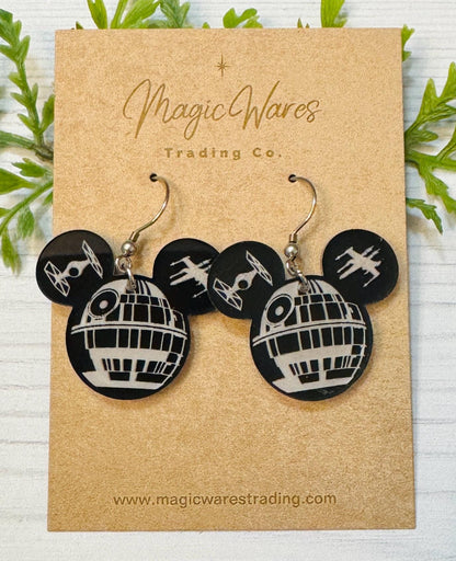 Dark Side Mouse head Laser cut Acrylic Earrings, Death Star inspired Dangle earrings, May the Fourth Earrings, Darth Vader Earrings