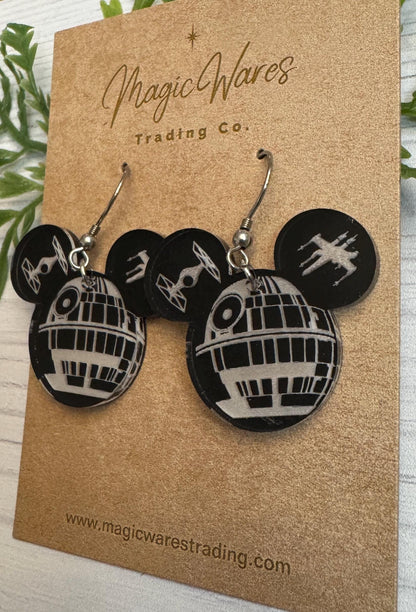 Dark Side Mouse head Laser cut Acrylic Earrings, Death Star inspired Dangle earrings, May the Fourth Earrings, Darth Vader Earrings
