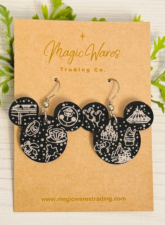 Park Day Engraved Black Crystal Acrylic Earrings, Mouse head Acrylic Engraved Dangle Earrings, MK Rides Earrings, Disney Adult Earrings