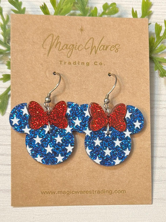 Patriotic Minnie Bow Dangle Earrings, Laser cut Glitter Acrylic Earrings, 4th of July Earrings, Minnie Mouse inspired bow earrings