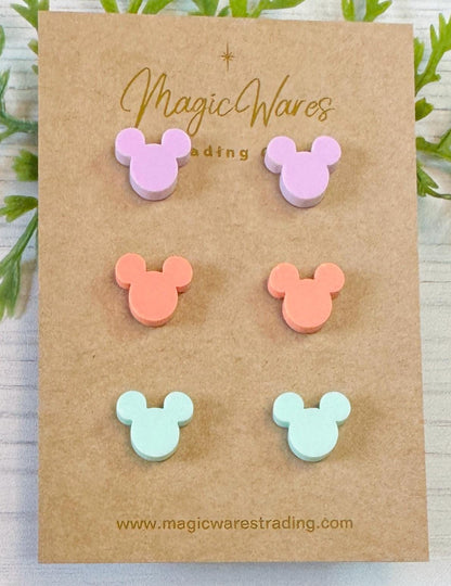 Imagination Pastels Stud Trio, Small mouse head Earrings Laser Cut Pastel Acrylic, Hypoallergenic Post Earrings, Figment inspired Earrings