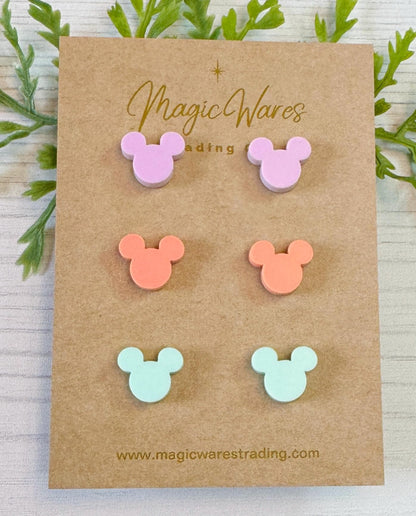 Imagination Pastels Stud Trio, Small mouse head Earrings Laser Cut Pastel Acrylic, Hypoallergenic Post Earrings, Figment inspired Earrings