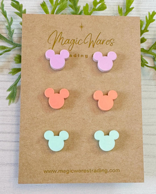 Imagination Pastels Stud Trio, Small mouse head Earrings Laser Cut Pastel Acrylic, Hypoallergenic Post Earrings, Figment inspired Earrings