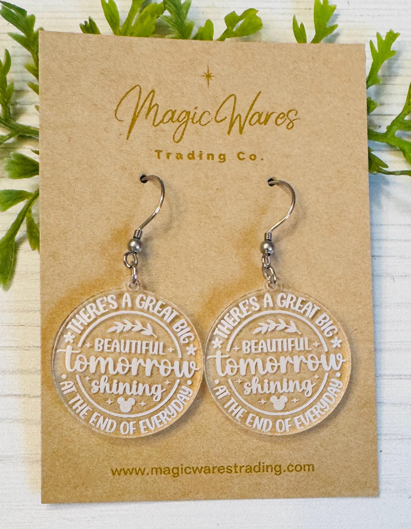 Great Big Beautiful Tomorrow Dangle Earrings, Black or Clear Round Acrylic Earrings, Laser Engraved Carousel of Progress Earrings