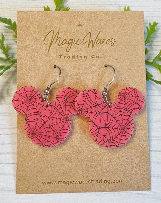 Pink Spiderwebs Laser cut Mouse head Dangle Earrings, Spiderweb Pattern Crystal Acrylic Halloween earrings, Not So Scary Halloween Party