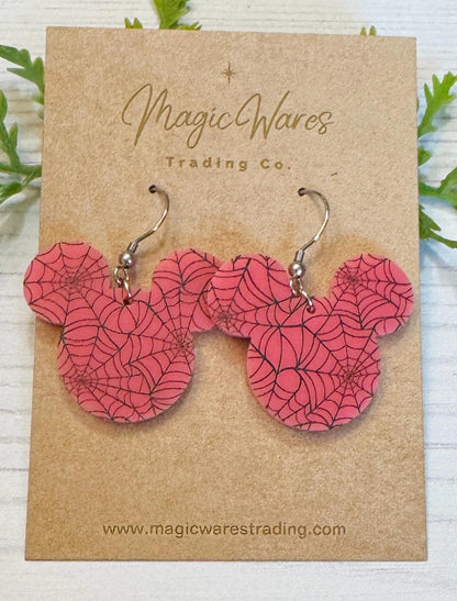 Pink Spiderwebs Laser cut Mouse head Dangle Earrings, Spiderweb Pattern Crystal Acrylic Halloween earrings, Not So Scary Halloween Party
